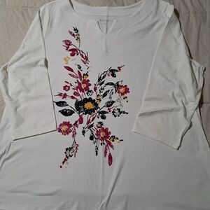Kim Rogers White Floral Print Short Sleeve Tee with Magenta & Yellow Accents